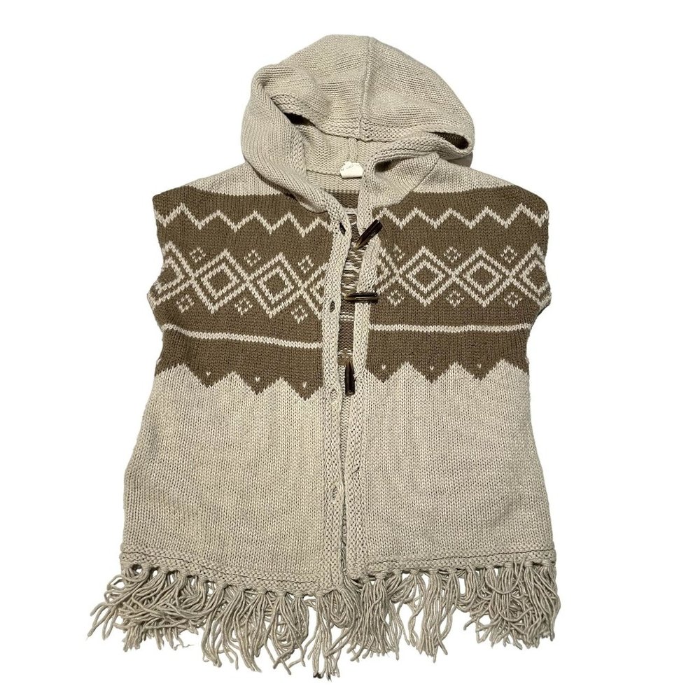 VASIA COZY‎ Fringe Boho Sweater Vest w/ Hood SIZE XS | S1